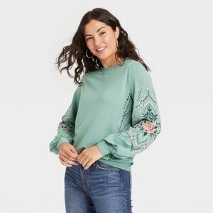 Knox Rose Teal Sweatshirt with Embroidered Sleeves